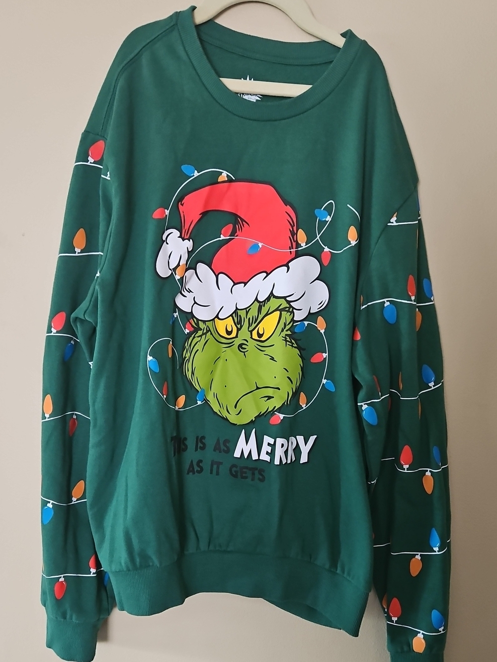 Green Grinch Holiday Crewneck Sweatshirt with Light String Print